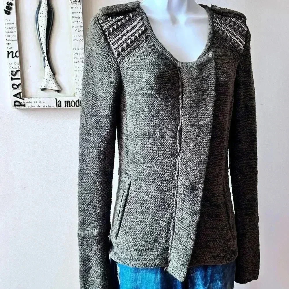 Jamison For Scoop NYC Green Marled Studded Zip Up Cardigan Sweater Size S - Picture 3 of 14